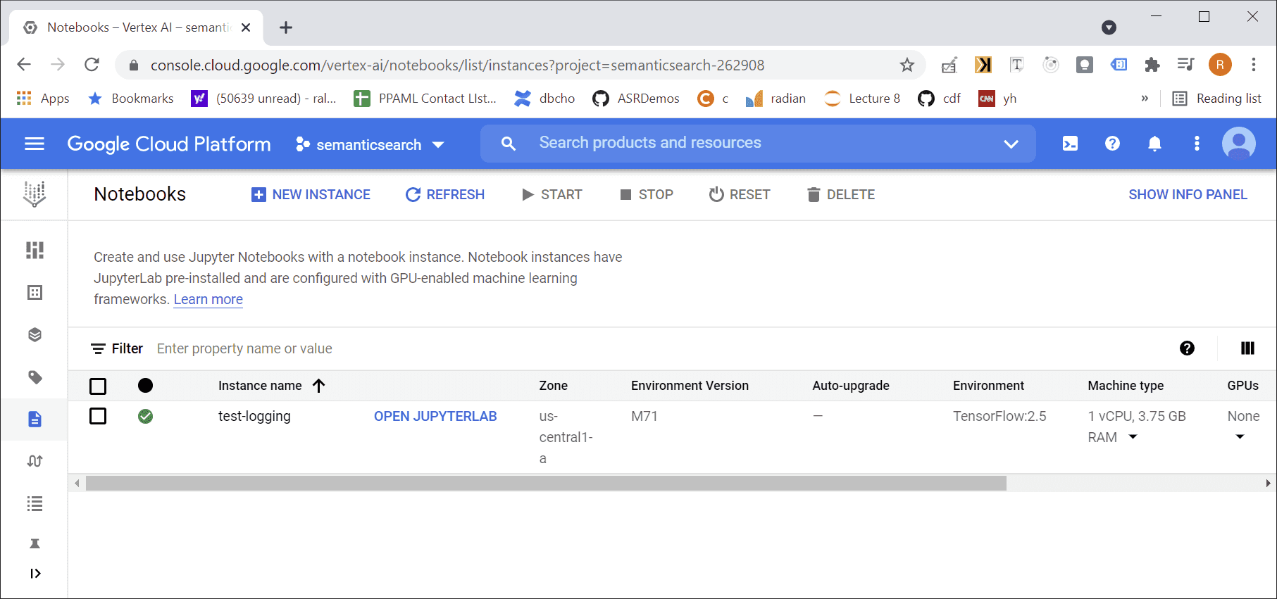 Selecting Jupyterlab in Vertex AI on the Google Cloud Platform.